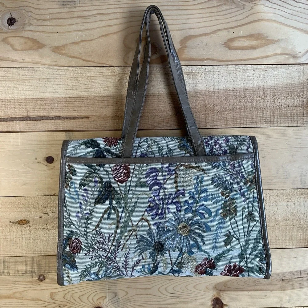Botanical Floral Shoulder Bag Satchel Tapestry Carpet‎ Faux Leather Cottagecore